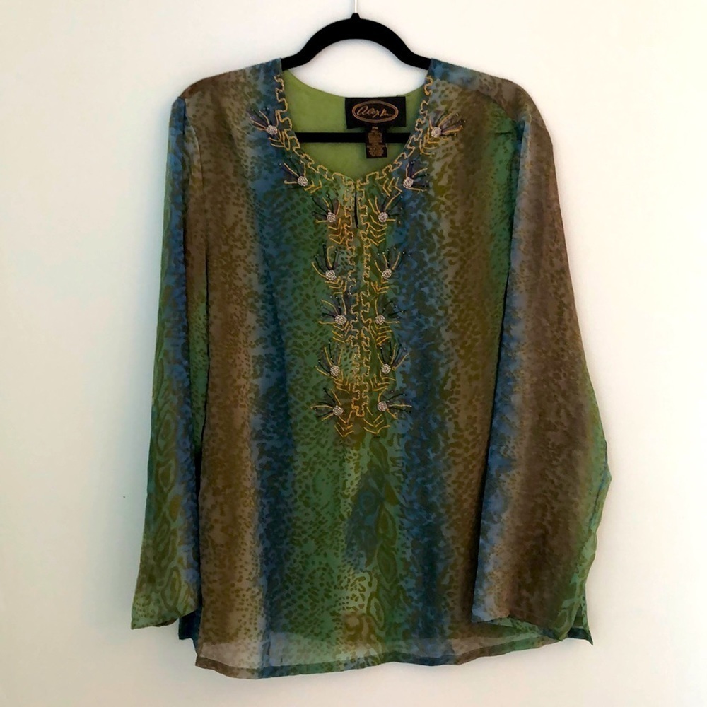 Alex Kim Beaded Embroidered Flow Sheer Top size PM